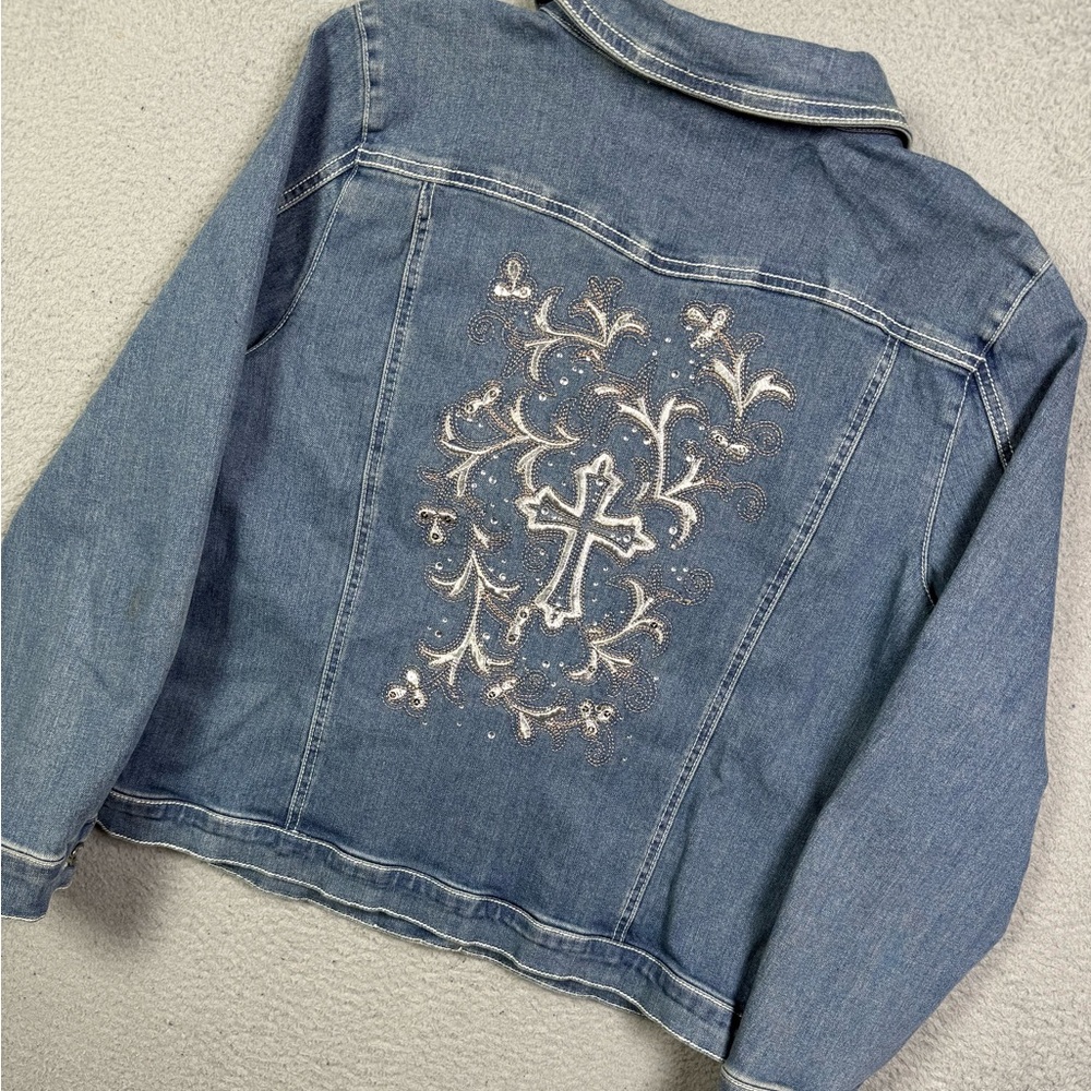 Cross embroidered rhinestone denim jean‎ jacket